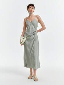 Aalyst 女士纯色褶饰休闲中长吊带裙