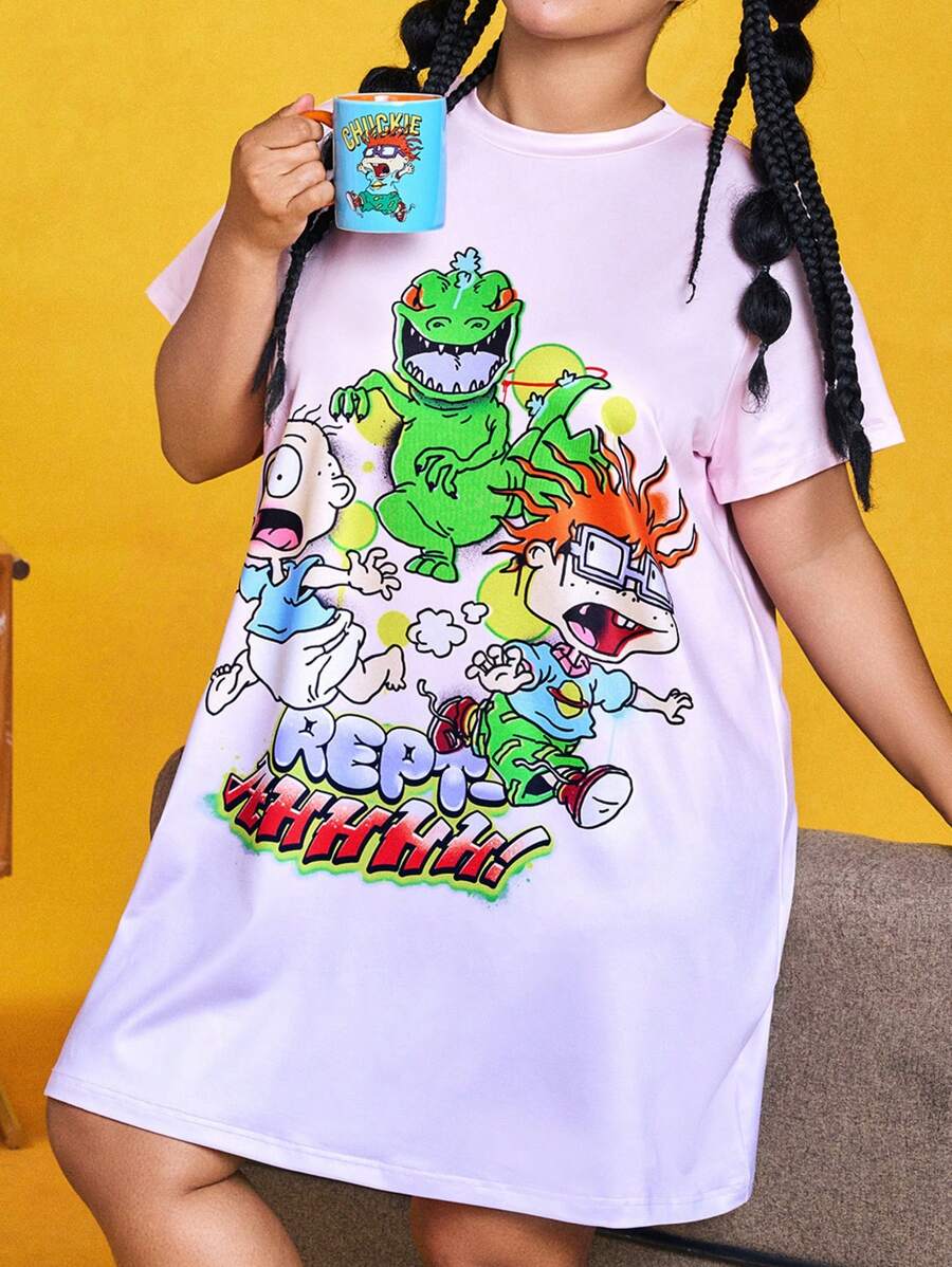 Nick 90s | SHEIN 大码女式夏季休闲可爱卡通图案短袖睡裙