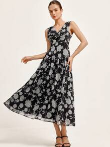 GENKIRA 意大利时尚经典 V 领雪纺印花高腰收腰褶皱下摆喇叭裙，无袖波西米亚度假时尚风格全身印花花卉印花，适合夏季春秋季 - 黑與白 - 查看 1