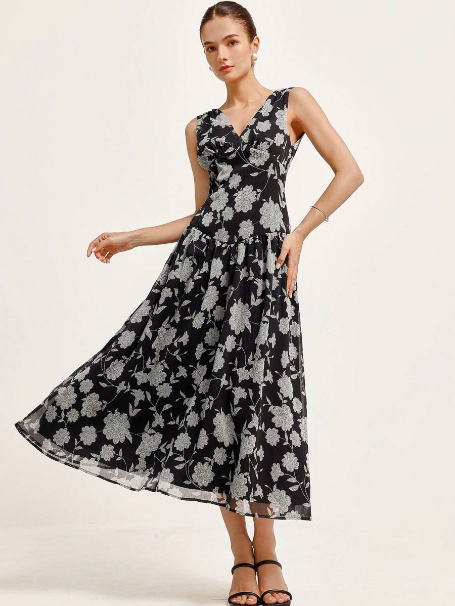 GENKIRA 意大利时尚经典 V 领雪纺印花高腰收腰褶皱下摆喇叭裙，无袖波西米亚度假时尚风格全身印花花卉印花，适合夏季春秋季 - 黑與白 - 查看 1
