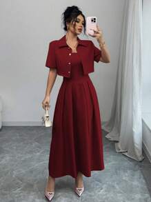 Elenzga 2pcs Women Pink Short Sleeve Top With Crop & Long Skirt Co-Ord Set - Burgundy - View 1