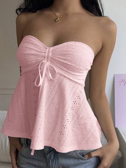 CovetEZ Women Drawstring Casual Pink Knit Bandeau Top,Rave Top,Tube Top