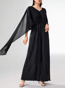 Modelyn Women's Solid Color V-Neck Stitching Draped Ruched Wide Leg Elegant Jumpsuit - Black - View 5