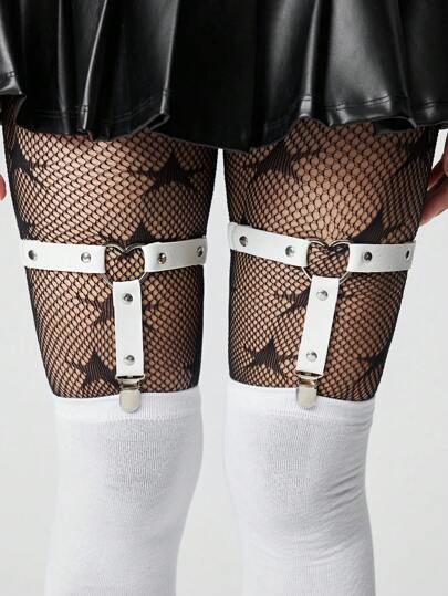 Grunge Punk 1 Pair Solid Color Star Element Tights + 2 Pcs White Garter Belts + 1 Pc White Over-The-Knee Socks, Y2K Style Combination Outfit, Suitable For Daily Wear And Parties
