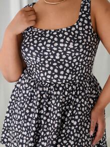 SHEIN EZwear 大码雏菊碎花防滑短裤和带口袋的度假风格迷你连衣裙，春夏 - 彩色 - 查看 5