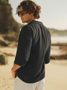 HIMLAND Men's Casual Woven Double-Layer Crinkle Fabric Lapel Collar Front Pocket Three-Quarter Sleeve Shirt, Old Money, Fall - Black - View 2