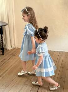 LMoss Kids Baby Girl Woven Contrast Ruffle Trim Balloon Sleeve Casual Dress - Blue - View 4