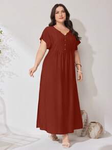 Mulvari Plus Size Casual Solid Color Side Slit Arabian Style Dress - Brown - View 4