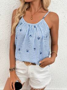 SHEIN LUNE Ladies Bow Striped Pleated Loose Camisole Fairycore Vacation Tops Cherry Top Funny Shirts Cute Summer Tops Off The Shoulder Top Vacation Summer Clothes Going Out Tops Women Vacation Outfits Woman Fairycore Coquette