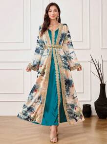 Al Najma Women's Tie-Dye Print Long Sleeve Dress, Modest Kaftan - Teal Blue - View 3