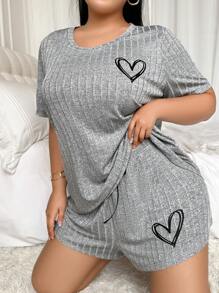 Snug Zone Conjunto de pijama cómodo de punto acanalado con estampado de corazón simple, tallas grandes - Gris - Ver 5