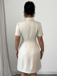 Elenzga Plus Size Women's Spring & Summer French Commuting Elegant Tea Party Vacation Collared V-Neck Double-Breasted Fitted Waist A-Line Mini Dress With Short Sleeves