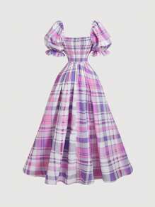 SHEIN MOD Váy in hoa cổ điển lãng mạn có đuôi váy có thể tháo rời, tay bồng trang trí xếp nếp, viền ren, thích hợp cho ngày lễ, dã ngoại, hẹn hò - Nhiều màu - Xem 2