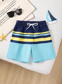 Young Boy Striped Contrast Color Simple Fashion Beach Cover-Up, Suitable For Summer - Blue - View 1