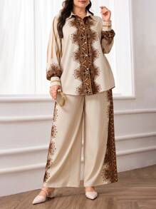 Mulvari Plus Size Women Floral Print Long Sleeve Shirt & Pants 2 Pieces Casual Outfit - Multicolor - View 6