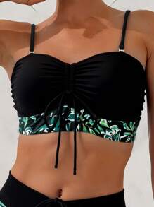 SHEIN Swim Set di bikini estivo da donna con pantaloncini con coulisse e stampa di piante tropicali, stampa casuale