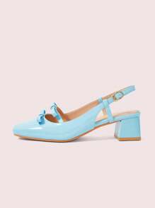 CUCCOO DOLLMOD New Vintage Mary Jane Pumps With Bow Cutout, French Stylish Chunky High Heels - Blue - View 6