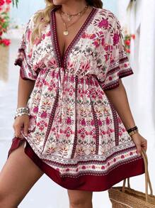 Breezaya Vintage-Blumenmuster V-Ausschnitt Taille gerafft Ärmel Kleid, modischer Frühlings-/Sommer-Urlaubsstil - Rot - Übersicht 1