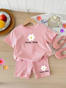 SHEIN Babymeisjes casual eenvoudige cartoon print korte mouwen shorts set van 2 stuks, geschikt voor de zomer