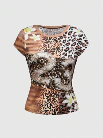 J-Fashion T-shirt avec impression numérique de zèbre et de fleurs avec décoration de strass, style Y2K