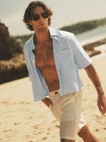 HIMLAND Men's Slim Fit Woven Striped Short Sleeve Casual Blue Shirt, Old Money