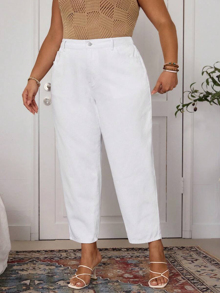 EMERY ROSE Plus Size Casual Versatile Black Straight Leg Jeans - White - View 1