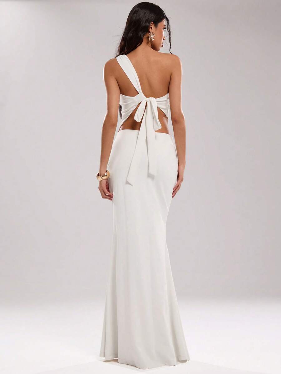 SHEIN BAE Conjunto de top corto sin espalda de unicolor elegante y sexy con falda de sirena - Blanco - Ver 1