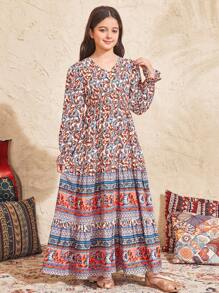 SHEIN Leap Crew Tween Girls Loose V-Neck Long Sleeve Ruffle Sleeve Print Long Dress - Coral Orange - View 4