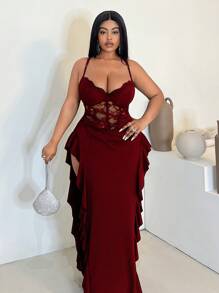Maweii 大码女装春夏蕾丝性感镂空绷带前卫法式休闲年轻时尚弹力针织百搭舒适打底连衣裙，性感红色正式礼服，性感夜店装，正式礼服，年轻优雅性感拼接性感上衣，性感夜店装，红色上衣，红色连体裤，红色文胸，修身透视露肩纯色打底衫 - 酒紅色 - 查看 3
