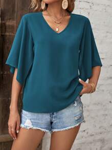 LUMIGAL Women's Solid Color Short Sleeve V-Neck Blouse, Minimalist And Fashionable, Suitable For Summer - Teal Blue - View 5