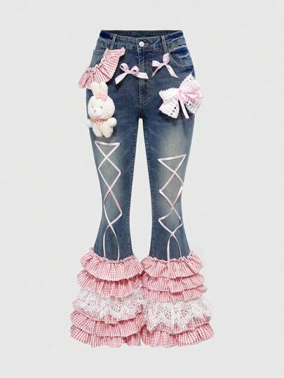 Kawaii Women's Y2K Girly Plaid Lace Cat Pendant Bow Flare Pants