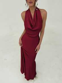Aloruh 女士极简主义通勤高领不对称下摆紧身长裙，配有领带和露背设计 - 酒紅色 - 查看 5