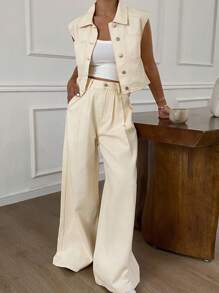 Livesso Women's Single-Breasted Vest And Wide-Leg Jeans Suit Work Women Clothes
