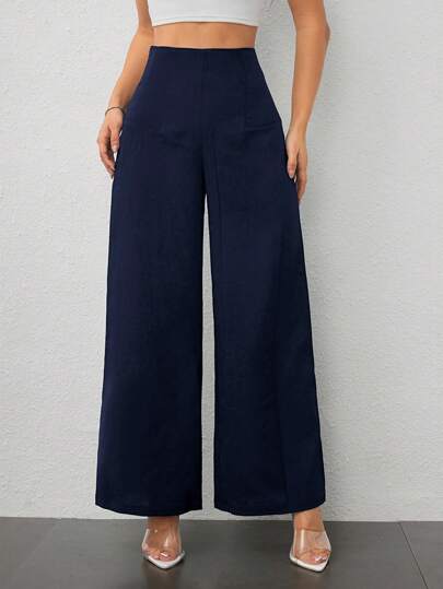 SHEIN PETITE Pantalón texturizado de tiro alto de pierna ancha, de moda simple y casual para el regreso a la escuela, para ir y venir al trabajo
