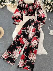 SHEIN LUNE Court Retro  2pcs/Set Plus Size Women Holiday Floral Print Blouse And Pants Set - Multicolor - View 2