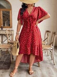 Breezaya Plus Size Women's V-Neck All-Over Print Ruffle Sleeve Asymmetric Hem Dress, Spring/Summer - Red - View 6