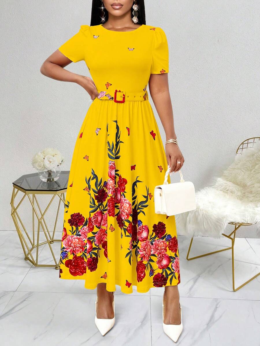 SHEIN Clasi Round Neck Jacquard Waist Design Dress For Women - Multicolor - View 1