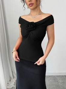 Elenzga Valentine's Day Romantic Red Rose Ruffle Fitted Elegant Off Shoulder T-Shirt - Black - View 3