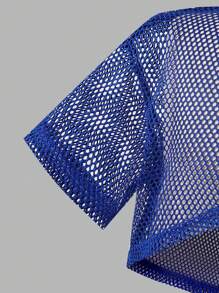 SHEIN Kleine Mädchen Lässig Netz Crop Top passend zu bedrucktem Trägerhemd & weite Hose 3-teiliges Set, geeignet für Alltag, Urlaub, Veranstaltungen - marineblau - Übersicht 6