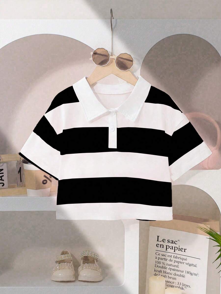 Sparklyn Casual Oversized Striped Short Polo Collar T-Shirt For Tween Girls Suitable For Leisure, Commuting And Sports Wear - Black - View 1