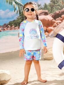 Young Girls' Shell Printed Raglan Splice Racerback Tankini Swimwear Set - Multicolor - View 5