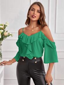SHEIN Clasi Ladies Solid Color Off Shoulder Ruffle Trim Spring Shirt - Green - View 5