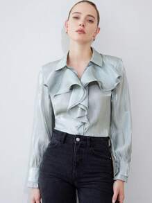 Aveloria Modichic Camisa elegante con cuello de volantes de textura traslúcida, manga larga y botones, ideal para fiestas y celebraciones para maestras - Verde - Ver 5