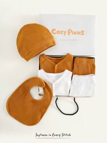 Cozy Pixies 新生儿 7 件套针织纯色柔软圆领长袖上衣、松紧腰裤、帽子、围兜 - 彩色 - 查看 8