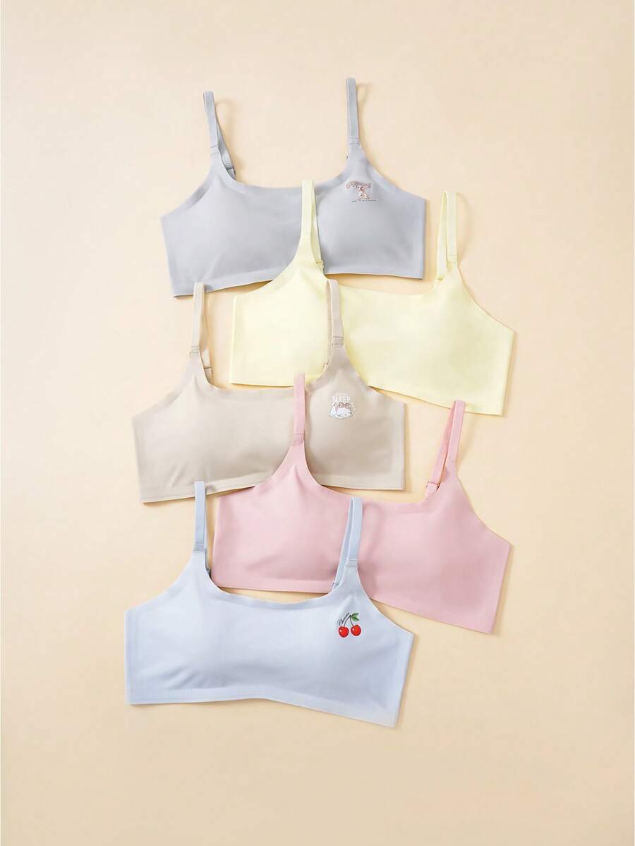 SHEIN 5pcs Set Teen Girls' Comfort Cartoon Pattern Adjustable Strap Bralette, Wireless