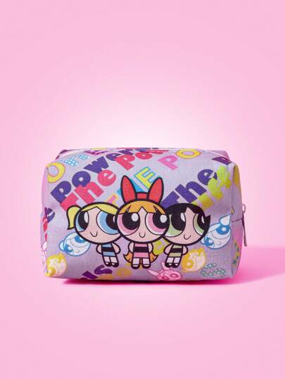 THE POWERPUFF GIRLS X SHEIN 1 pieza Bolsa de maquillaje con el patrón de Flor, Burbujas, y Buttercup, bolsa de almacenamiento de cosméticos portátil con cremallera, bolsa de viaje multifuncional adecuada para hombres y mujeres