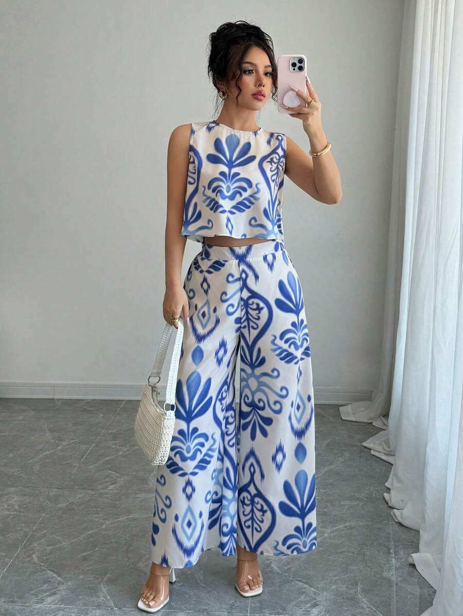 Breezaya 2件套夏季休闲度假碎花上衣+宽松阔腿裤套装 - 彩色 - 查看 1