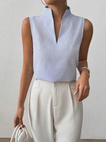 RiviMae Áo sơ mi kẻ sọc vải lanh không tay thanh lịch dành cho nữ, mùa xuân/hè - Màu xanh lam - Xem 5