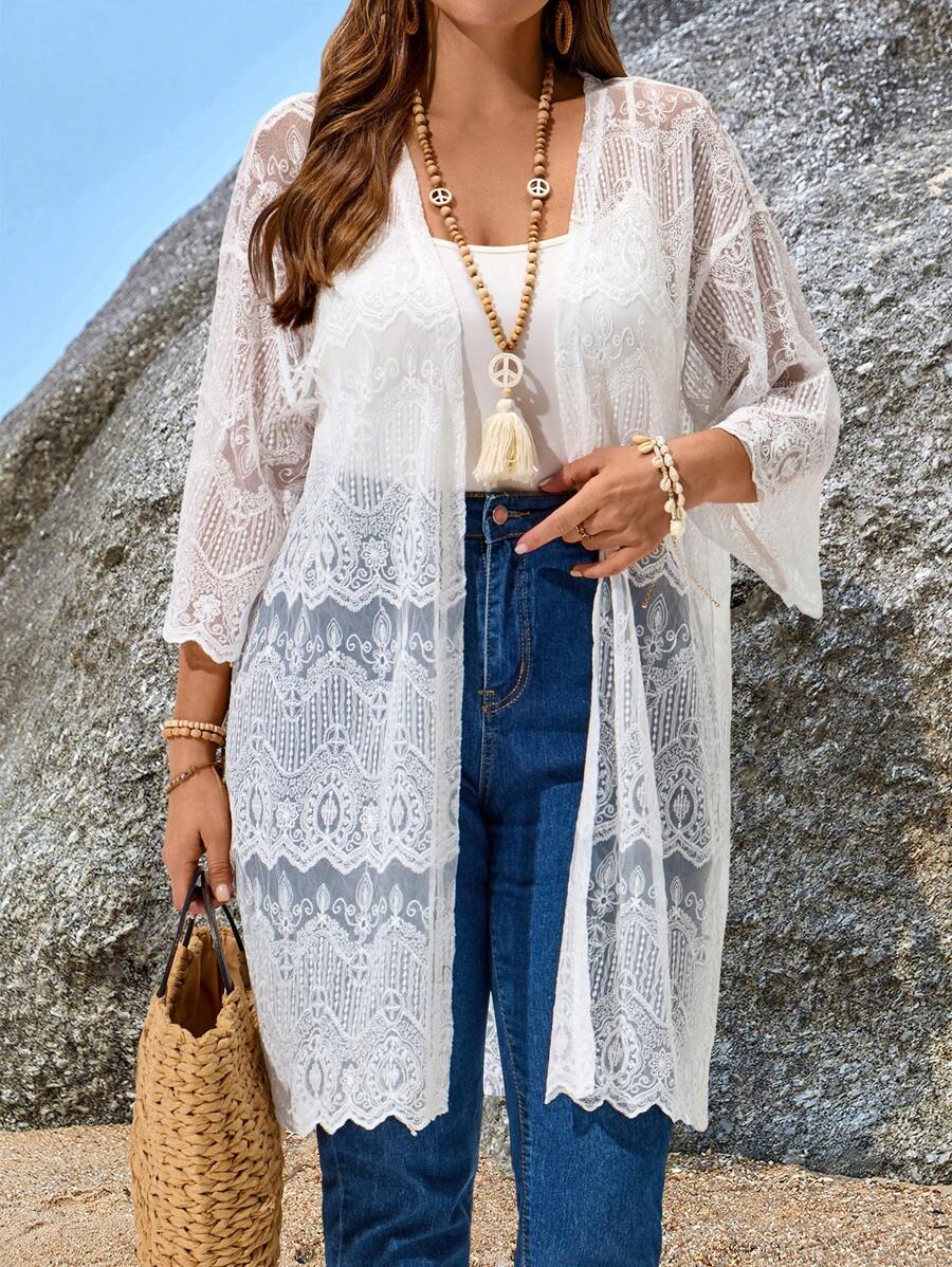 EMERY ROSE Plus Size Holiday Casual Solid Color Hollow Out Drop Shoulder Jacket - White - View 1