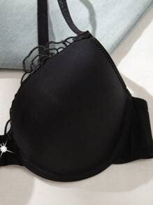 1 件女士黑色无钢圈蕾丝拼接文胸，休闲舒适，提升和支撑小胸围